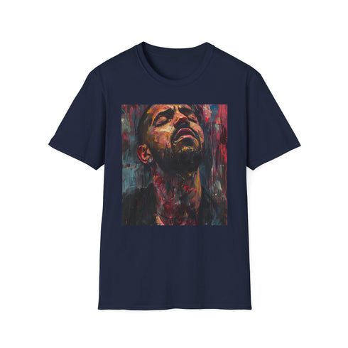 Charcoal crew neck T-shirt with vibrant Drake portrait painting