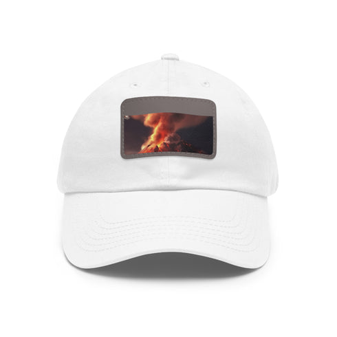 Fiery volcano white baseball cap with light brown patch, rectangle shape.