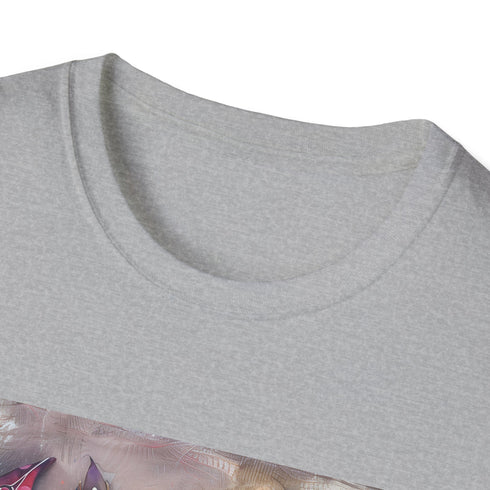 Charcoal feather-patterned bohemian t-shirt with soft cotton crew neck design