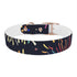 Vibrant black onyx dog collar with festive fireworks pattern for medium dogs.