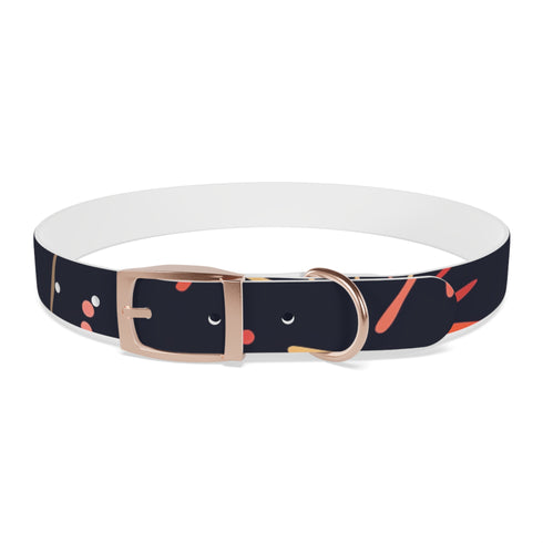 Vibrant M black onyx dog collar with festive fireworks pattern.