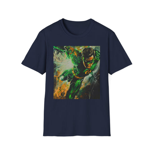 Charcoal cotton T-shirt featuring vibrant Green Lantern painting with cosmic theme