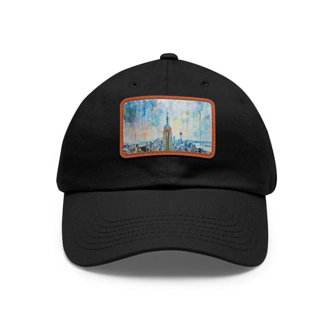 Empire Skyline Splendor Cap: White cotton hat with light brown rectangle patch.