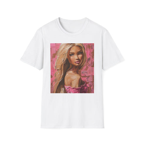 Vibrant charcoal cotton T-shirt featuring Barbie portrait in soft brushstrokes