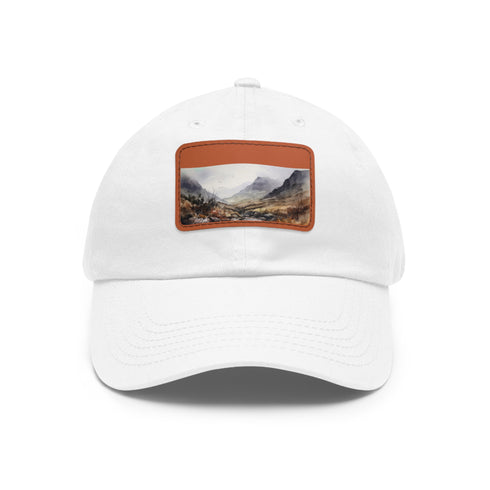 Highland Adventure Baseball Cap in White with Light Brown Rectangle Patch.