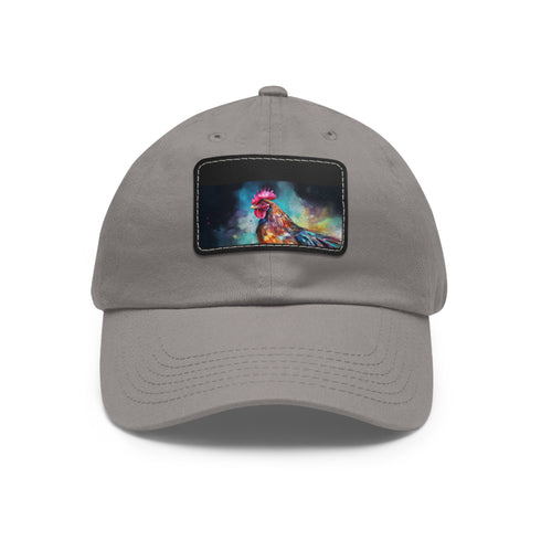 Rooster cap with vibrant design, white/light brown patch, rectangle shape.