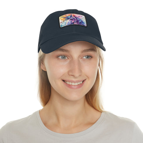 Magical watercolor unicorn white baseball cap with light brown patch.