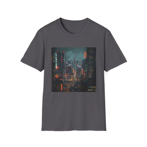 Charcoal cotton t-shirt featuring vibrant cyberpunk cityscape design with crew neck