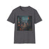 Charcoal cotton t-shirt featuring vibrant cyberpunk cityscape design with crew neck