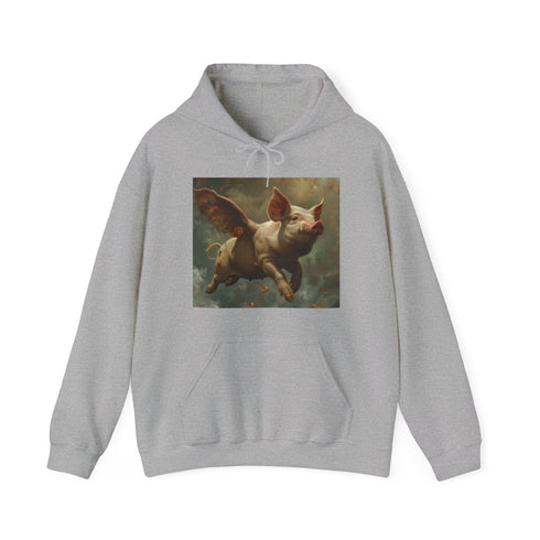 Whimsical navy hoodie with pigs flying graphic, unisex regular fit.