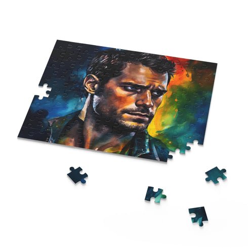Henry Cavill watercolor puzzle in vibrant neon colors.