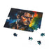 Henry Cavill watercolor puzzle in vibrant neon colors.