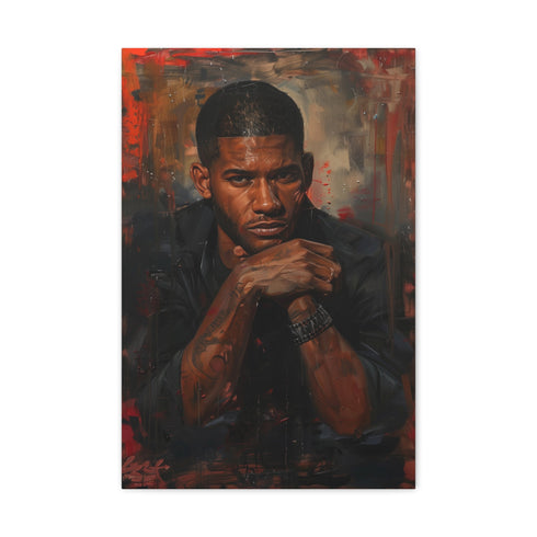 Artist Usher canvas tribute with hanging hardware, perfect for music lovers.