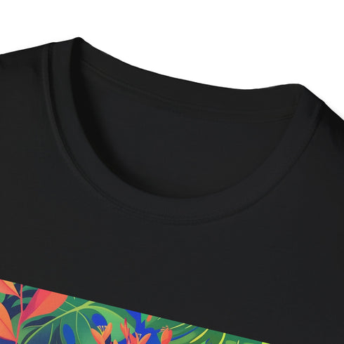 Charcoal crew neck t-shirt with vibrant tropical parrot design in cotton