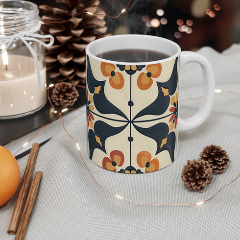 Artisan Tiles Mug: Elegant 11oz ceramic coffee mug with seamless pattern.