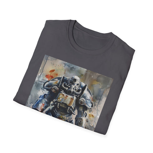 Watercolor Fallout Power Armor charcoal cotton t-shirt with intricate futuristic design