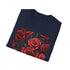 Charcoal cotton crew neck t-shirt featuring crimson rose pattern