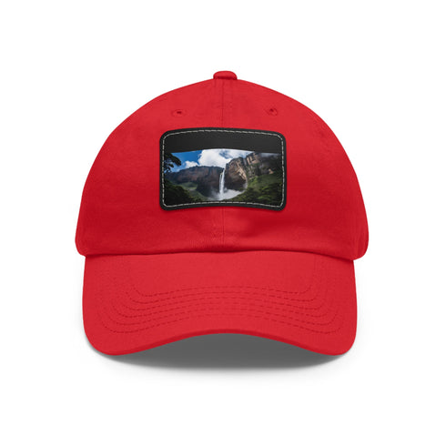 White baseball cap featuring Angel Falls image with light brown patch.