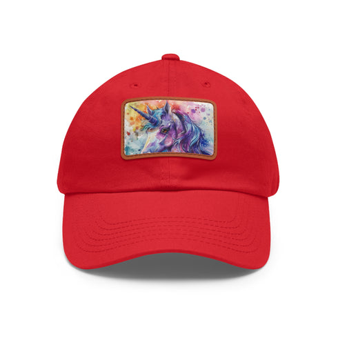 Watercolor unicorn baseball cap with light brown patch, Rectangle shape.