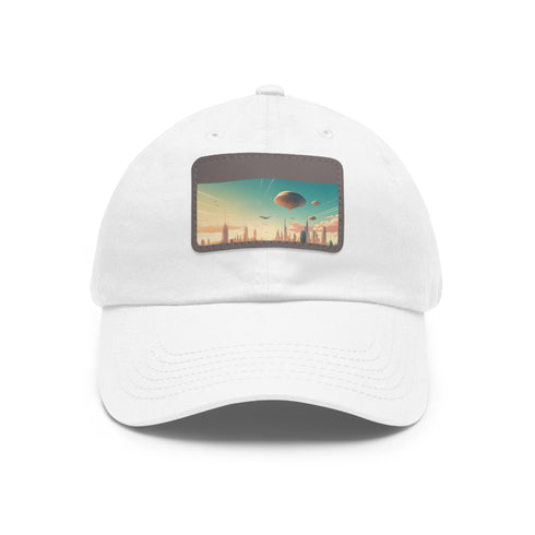 Urban skyline white cotton hat with light brown patch, futuristic design.