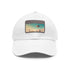 Urban skyline white cotton hat with light brown patch, futuristic design.