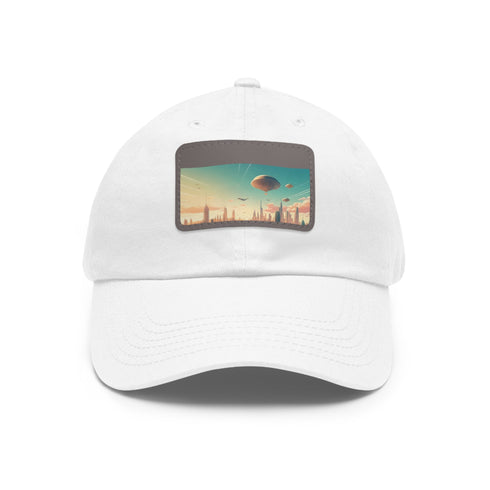 Futuristic urban skyline white baseball cap with light brown patch.