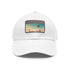 Futuristic urban skyline white baseball cap with light brown patch.