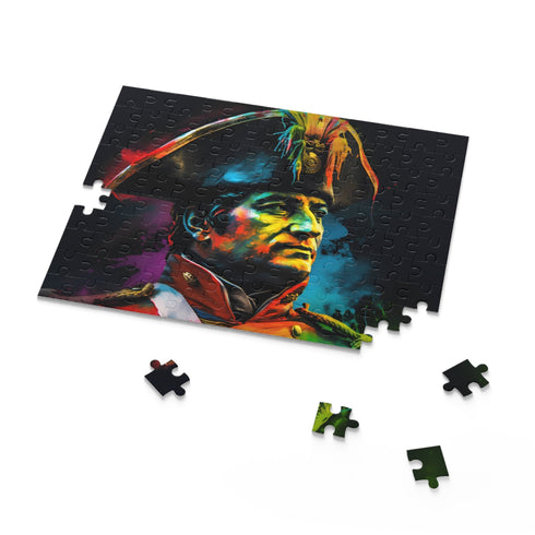 Neon watercolor puzzle featuring historical Napoleon portrait in vibrant colors.