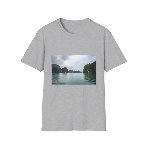 Charcoal cotton t-shirt with serene Halong Bay landscape featuring emerald waters