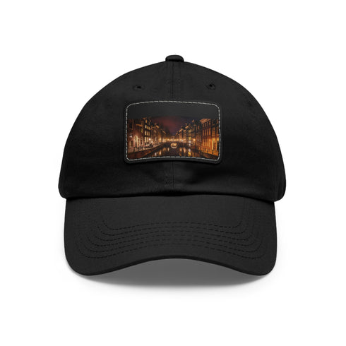 Amsterdam canals night scene baseball cap, white with light brown patch.