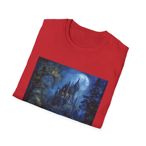 Charcoal cotton T-shirt featuring moonlit castle forest graphic regular fit