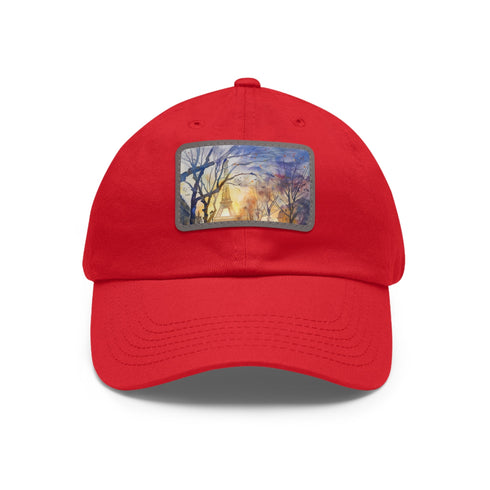 Watercolor Eiffel Tower themed baseball cap in white with light brown patch.