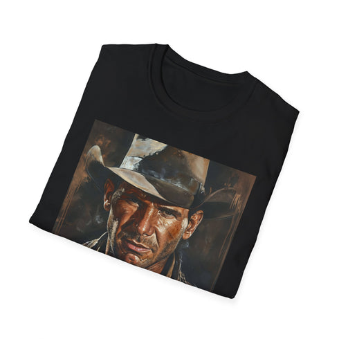 Charcoal crew neck t-shirt with Indiana Jones painting in vibrant colors