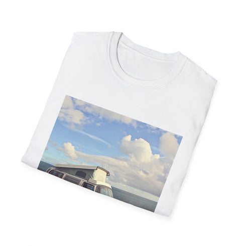 Charcoal cotton t-shirt with retro camper van seaside design
