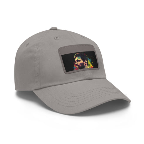 Messi Neon Splash Cap in White with Light Brown Patch on Rectangle.