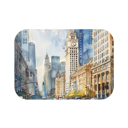 Chicago Skyline Bath Mat, 24" x 17", Urban Watercolor Design