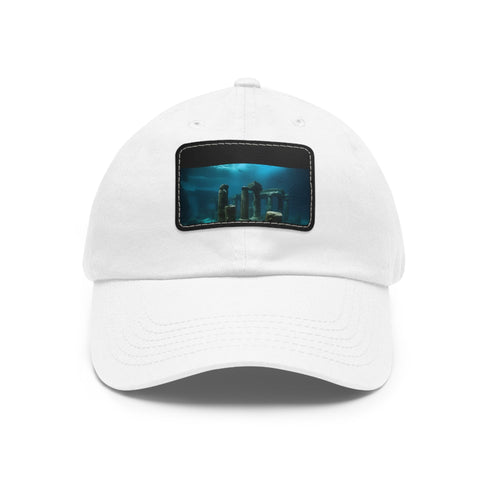 White cotton explorer cap with light brown patch and underwater ruins design.