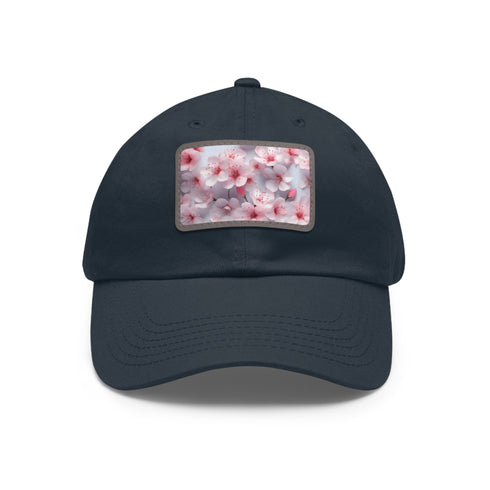 3D Cherry Blossom White Baseball Cap with Light Brown Patch.