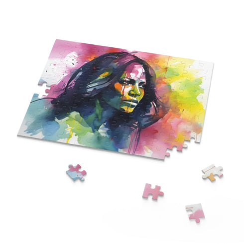 Vibrant Michelle Obama portrait jigsaw puzzle with neon colors.