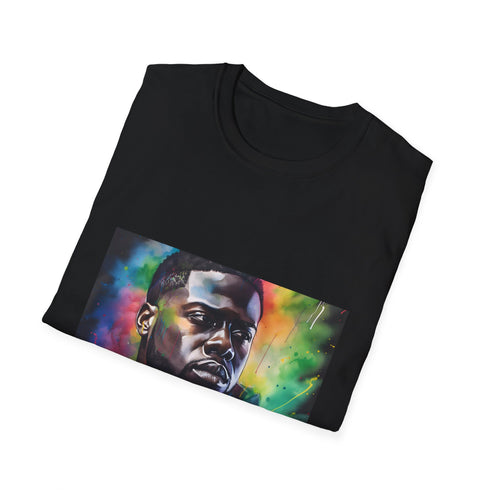 Vibrant charcoal cotton crew neck t-shirt with neon watercolor design