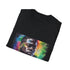 Vibrant charcoal cotton crew neck t-shirt with neon watercolor design