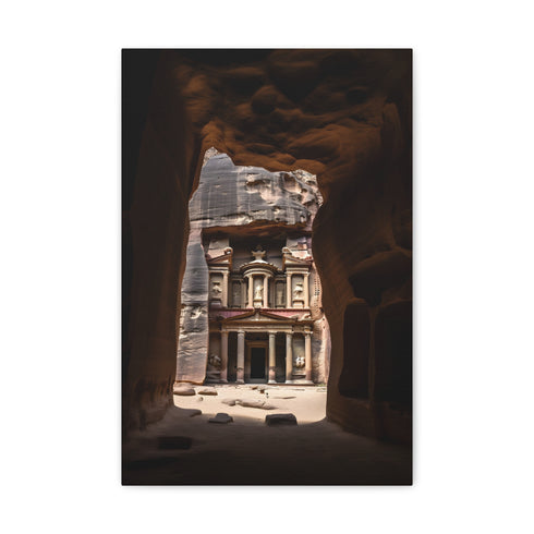 Ancient Petra sandstone cliff Treasury canvas print, warm desert hues.
