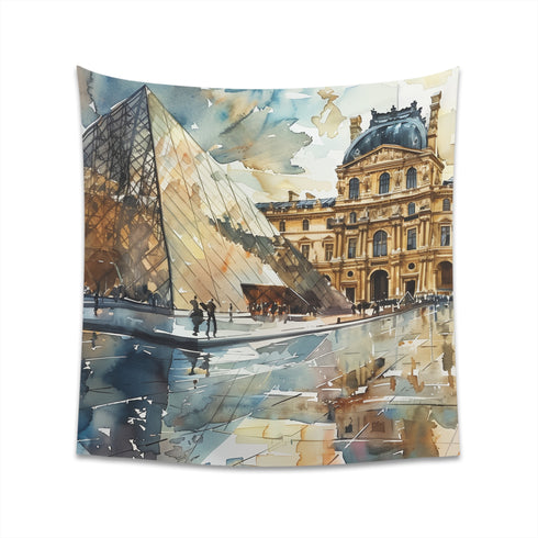 Parisian Tapestry Louvre in Bloom: Watercolor design captures iconic museum amidst colorful blooms, perfect for all seasons. Shop now!