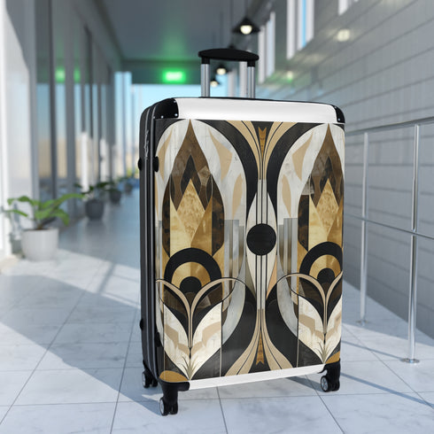 Black geometric art deco patterned small suitcase. Stand out luggage essential.