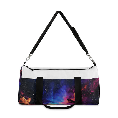Neon space galaxy duffel bag with vibrant eye-catching design.