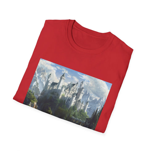 Fantasy castle graphic tee in charcoal, men's size small.