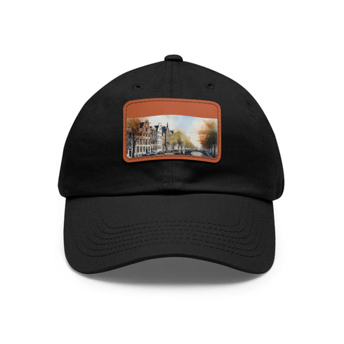 Amsterdam Skyline Snapback Cap: Vibrant skyline design on white cap.
