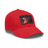 Fiery volcano baseball cap with light brown patch, rectangular design.