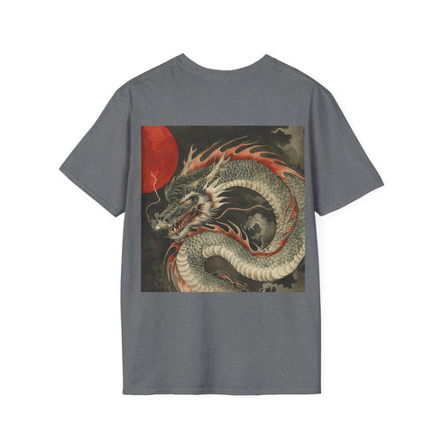 Intricate charcoal t-shirt with Japanese dragon design crew neck cotton fabric