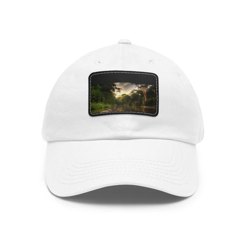 White Amazon Adventure baseball cap with light brown rectangle patch.